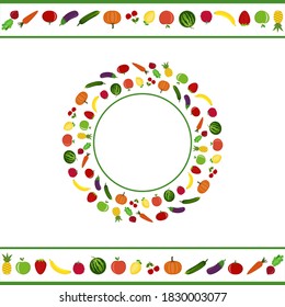 Conjunto de marcos y frutos aislados en un fondo blanco, borde y marco redondo, ilustración del vector de color en estilo plano, clipart, diseño, decoración, scrapbooking