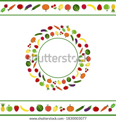 Set of frames and fruits isolated on a white background, border and round frame, color vector illustration in flat style, clipart, design, decoration, scrapbooking
