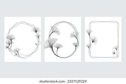 a set of frames with Ginkgo biloba leaves, trendy frames with a contour decorated with Ginkgo biloba line art