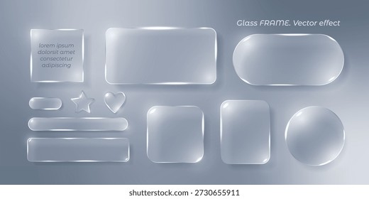 A set of frames with glass effects with shining edges and highlights. White, translucent geometric shapes, heart shape, stars. Designing UI UX elements for websites and user interfaces.