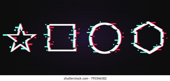Set of Frames with glitch effect. Modern glitch shapes on dark background. Star, square, circle, rhombus. Design elements for poster, flyer, brochures, business cards. Vector illustration.