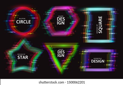 Set of frames with glitch tv distortion effect and a place for text, geometric shapes star, triangle, circle, square, rhombus, isolated on black background, vector illustration