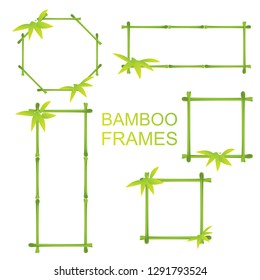 A set of frames of green bamboo stalks with leaves. Vector illustration.