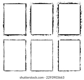 Set of frames in grunge style. Hand drawn design elements. Collection of empty borders. Black strokes on a white background. Vector illustration.