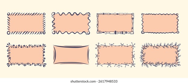 Conjunto de quadros. Coleção de bordas desenhadas à mão. Estilo engraçado doodle. Ilustração vetorial.
