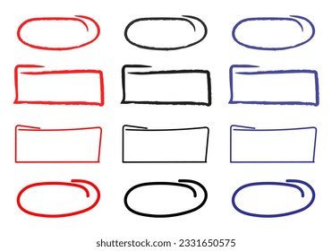 A set of frames for highlighting text or words. Red black blue.