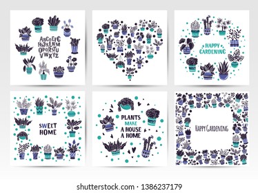 Set of frames of home potted plants or flowers, home garden or greenhouse, place for text, elements on white. Flat style, Scandinavian. Vector illustration