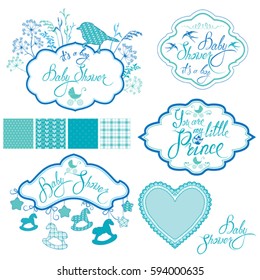 Set with frames - horses, bird, plants and stars, calligraphic handwritten text, isolated on white background. Newborn boy blue color elements. Design for baby shower, card, invitation, etc.