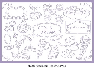 Set of frames and illustration. Dreamy pastel tone girly style with night, moon, stars. Vector illustration.