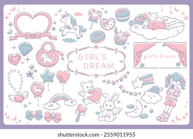 Set of frames and illustration. Dreamy pastel tone girly style with night, moon, stars. Vector illustration.