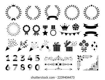 Set of frames and illustrations for festive designs, black clipart on white background.