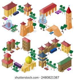 Set of frames with isometric models of buildings, trees, vehicles and people. Good for poster, cards or brochure cover design.