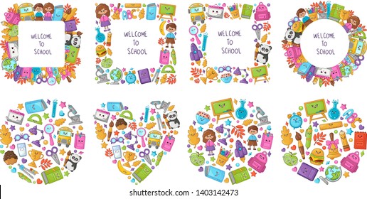 Set of frames with kawaii school supplies, back to school concept, cute cartoon characters - kids, panda, yellow bus, book, pencils, backpack. Childrens vector flat illustration of education 