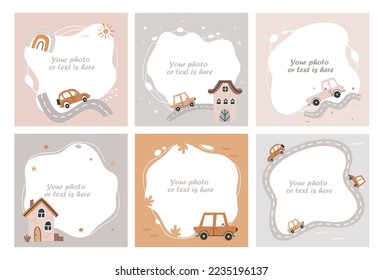 Set of frames for kids photos with cars, templates or invitations