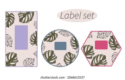 A set of frames. Set of labels. For registration of a product. For brand decoration. Minimalistic frames with monstera leaves. Frames in trendy colors. Vector image. Isolated on white background.