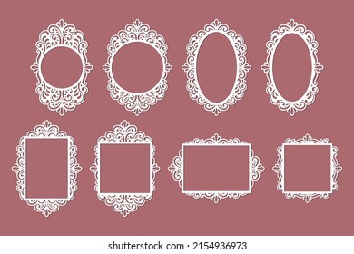 Set of frames laser cut; photo, picture, mirrow frame templates, decor elements isolated, vector.