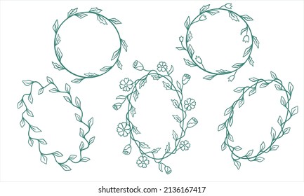 Set of frames from leaves and flowers for text. Making invitations and for design. Hand drawing style.