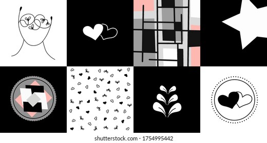 set of frames in line art, geometric, and abstract style, each separate frame, modern art, ideal for mugs, pillows, frames and other decorative objects, logos, vector illustration.