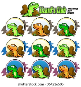Set of frames with Lizard near a stone. Cartoon vector illustration. Grouped for easy editing.