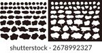 Set of frames with loose shapes. Silhouettes of speech bubbles. Black speech bubbles. Abstract, shapes, decorations.