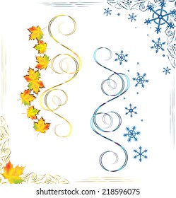 Set of frames in a luxurious style with snowflakes and  autumn leaves