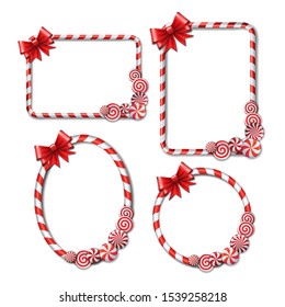 Set of Frames made of candy cane, with red and white candies and red bow. Vector illustration