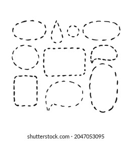 A set of frames made of dotted lines. Black doodle frames on a white background. The frames are round, square. Bubble for text, thoughts. Dotted line, sticker. Vector illustration.
