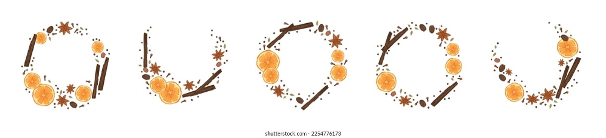 Set of frames made of ingredients for tasty mulled wine on white
