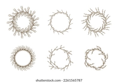 Set of frames made of pussy willow branches on white background