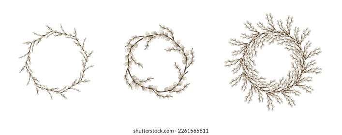 Set of frames made of pussy willow branches on white background