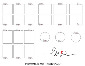 A set of frames made in a single closed line with an integrated word love and an accent in the shape of a red heart. 