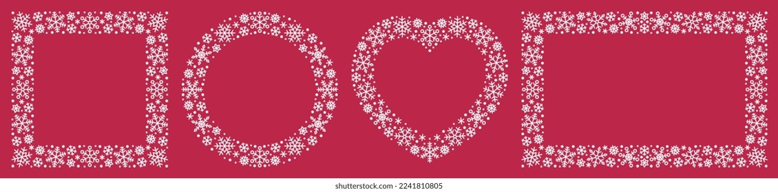 Conjunto de marcos hechos de copos de nieve blancos sobre fondo rojo. Marcos de diferentes formas cuadradas, redondeadas, corazón, rectángulo. Elementos decorativos para el diseño de Navidad y Año Nuevo. Ilustración del vector