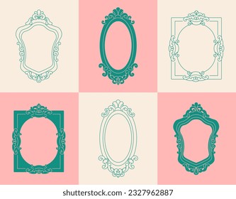 Set of frames for mirror silhouette. Decor and interior for home and apartment. Comfort and coziness. Aesthetics and elegance. Cartoon flat vector collection isolated on colorful background