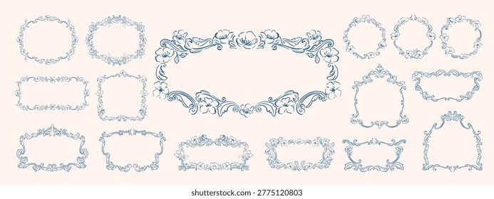 Set of frames, mirrors, borders. Baroque decor. Hand drawn, sketch traditional, antique ornaments. Cottagecore frame. Flowers, leaves, curves. Botanical design. 