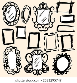 Set of frames and mirrors, hand draw, ink like doodle with texture and strokes. Isolated vector Grafik 