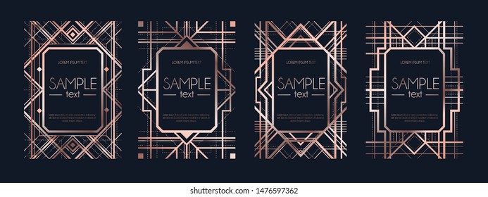 Set Of Frames With Navy Blue Color Vector Illustration. Collection Of Invitation Or Flayer Cards With Dark Texture And Rose Gold Geometric Lines Flat Style Concept. Empty Place For Text