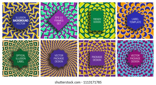 Set of frames on optical illusion backgrounds. Trendy labels templates for packaging design.