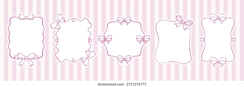 Conjunto de marcos con cinta rosa y lazos. Fronteras de coqueta dibujadas a mano. Elementos de diseño elegantes y románticos para tarjetas, invitaciones de boda. Ilustración de doodle de Vector sobre un fondo rosa desnudo