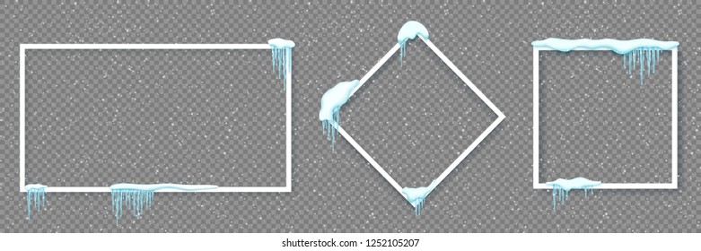 Set of frames with realistic snow and icicles. Beautiful winter template for merry christmas. Vector illustration.