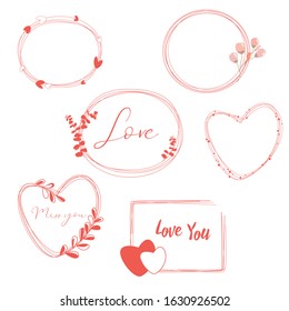 Set of frames of red color in different shapes. Elegant wreaths for design, logo template, wedding invitation design, romantic valentines day greeting card.Circle, square, flowers, petals, heart,stars