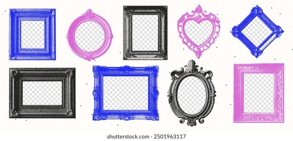 Set of frames with a retro photocopy effect. Photo frames for retro grunge design. The effect of grain and dotted lines. Vector.