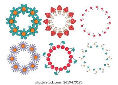 Set frames retro style. Groovy frames or borders. Hippie 00s. Cartoon flower, cherry, mushrooms. For invitation, card, cover, birthday.