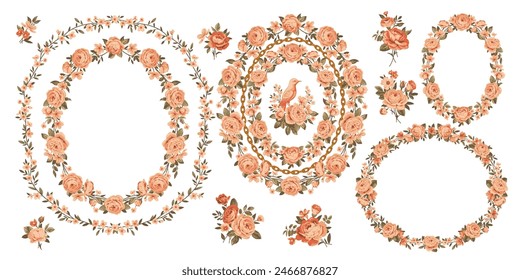 Set of frames of roses , bird and small bouquets