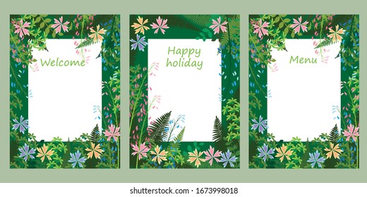 set of frames in rustic style for spring, summer holidays, birthdays, weddings. 
three frames with wild flowers and grass in postcard format with space for text. the flat pattern. stock vector 