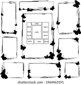 A set of frames for scrapbooking and graphic design.Black silhouette of thin lines, plants, butterflies. Rectangular, square shape.2d. Birthday, celebration, holiday, Easter, Halloween.