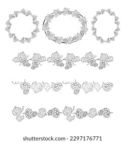 set of frames and seamless borders with grape - vector decorative ornament