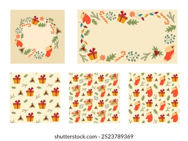 Conjunto de marcos de texturas sin fisuras con Elementos de decoraciones navideñas. Dulces y regalos Fondo de pantalla y Plantillas colección. Celebraciones de vacaciones de invierno. Medias tradicionales y ramas de acebo.