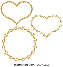 set of frames in the shape of heart of small gold hearts isolated on white background