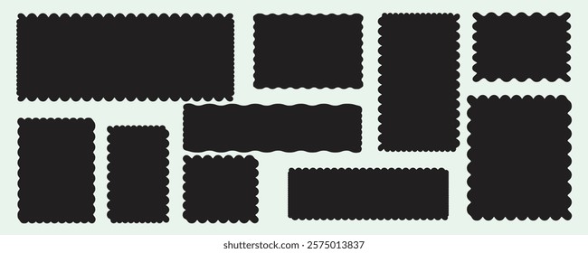 Set of frames in shape of squares and rectangles of various size. Zig zag graphic design element pack for banner, poster, template, sticker, badge, label, tag, flyer. Vector illustration bundle