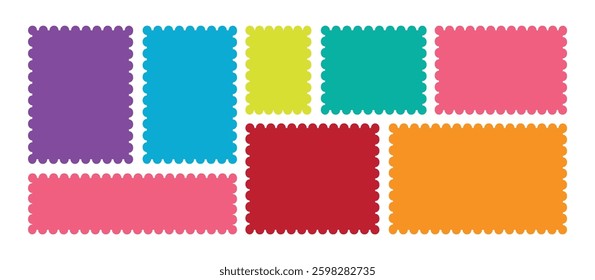 Set of frames in shape of squares and rectangles of various sizes with zigzag edges. Wavy edge frame or shape. Post stamp frames and borders.